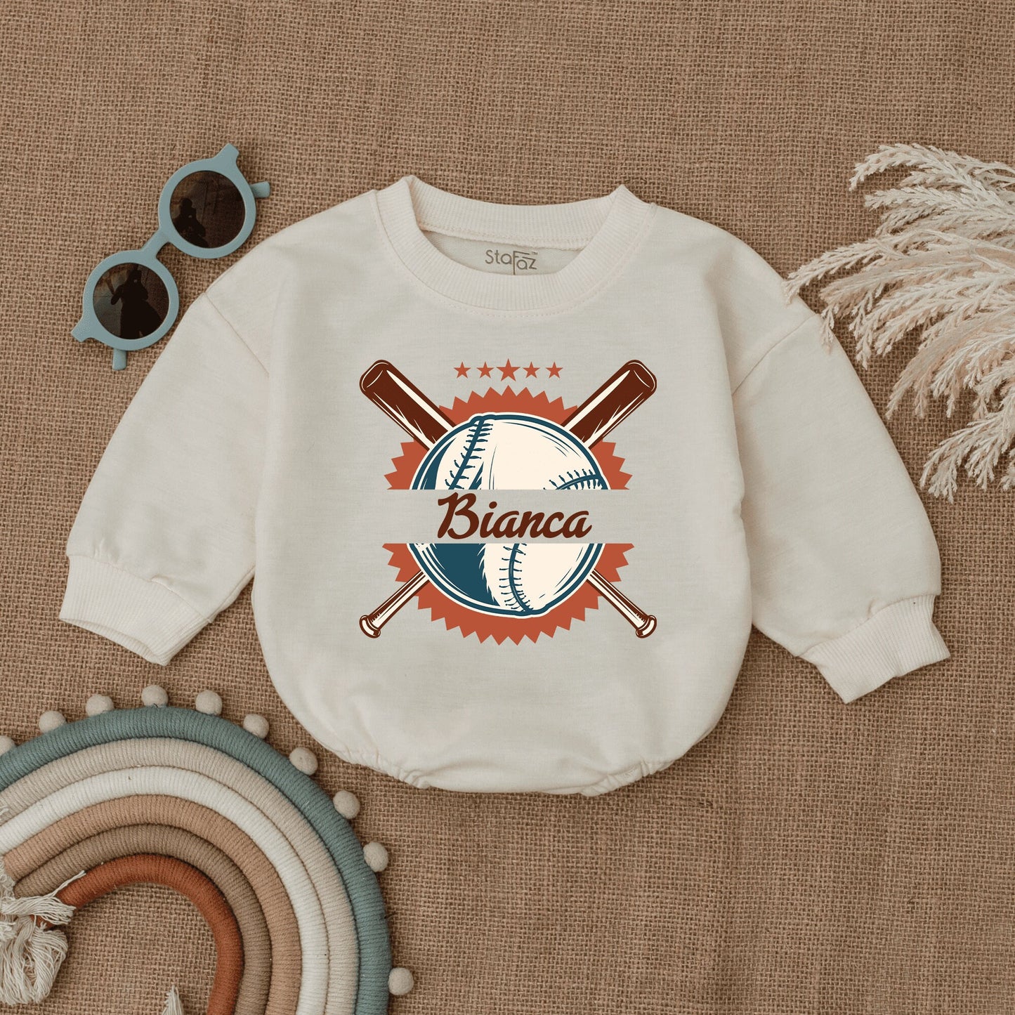 Personalized Vintage Baseball Romper for Baby Game Day Outfit with Sunburst Star Design and Name Infant Bodysuit Birthday Celebration Gift Clothes