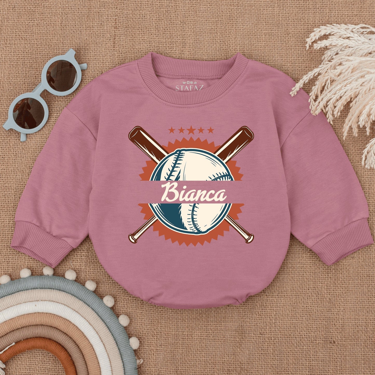 Personalized Vintage Baseball Romper for Baby Game Day Outfit with Sunburst Star Design and Name Infant Bodysuit Birthday Celebration Gift Clothes