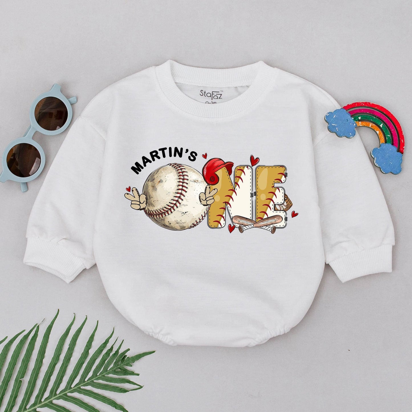 Personalized First Birthday Baseball Romper Rookie of the Year Baby Boy Outfit Gameday ONE Design Red Stitching Sweet Hearts