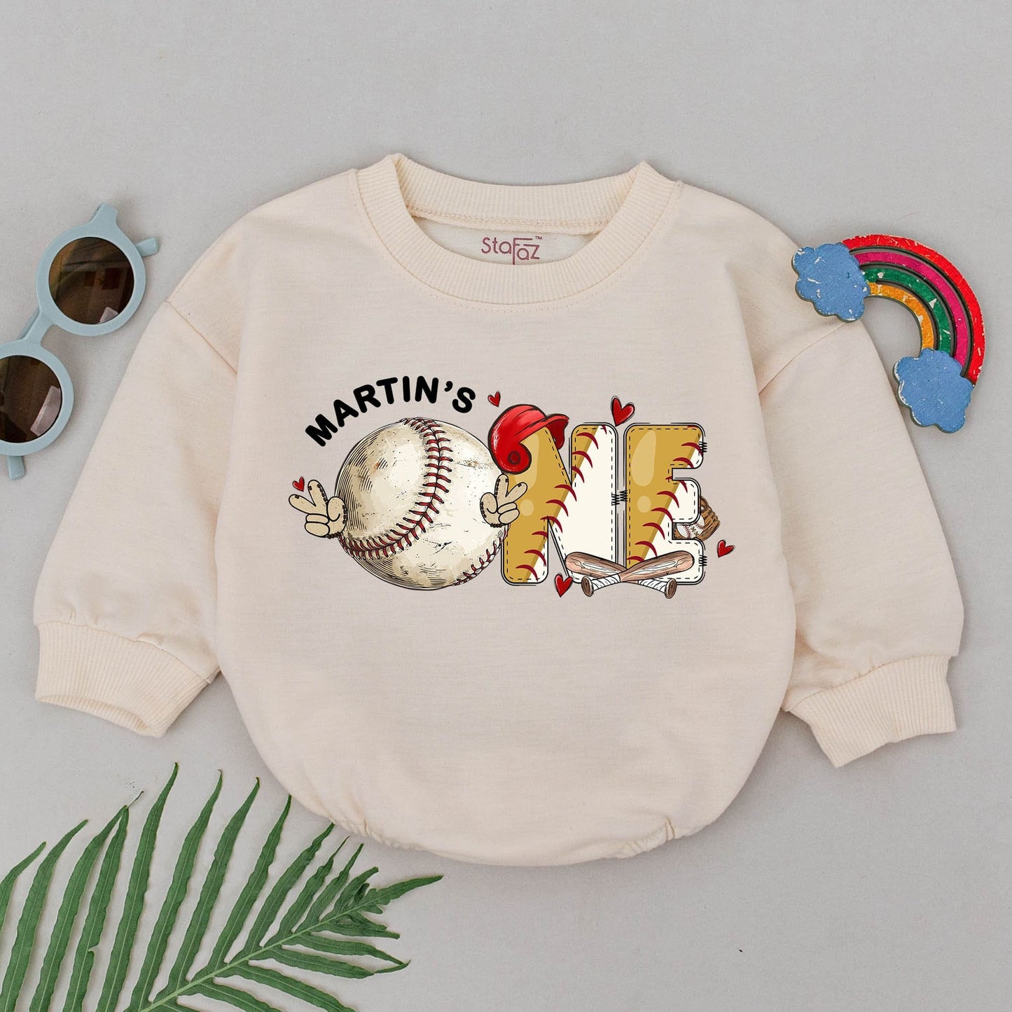 Personalized First Birthday Baseball Romper Rookie of the Year Baby Boy Outfit Gameday ONE Design Red Stitching Sweet Hearts