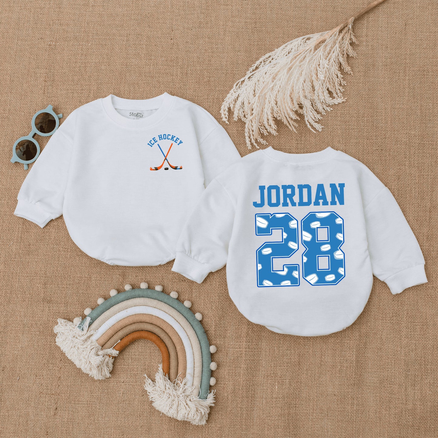 Personalized Baby Ice Hockey Bubble Romper with Name and Number 28, featuring Crossed Sticks and Puck Pattern, Future Player Newborn Gift for Little Fan