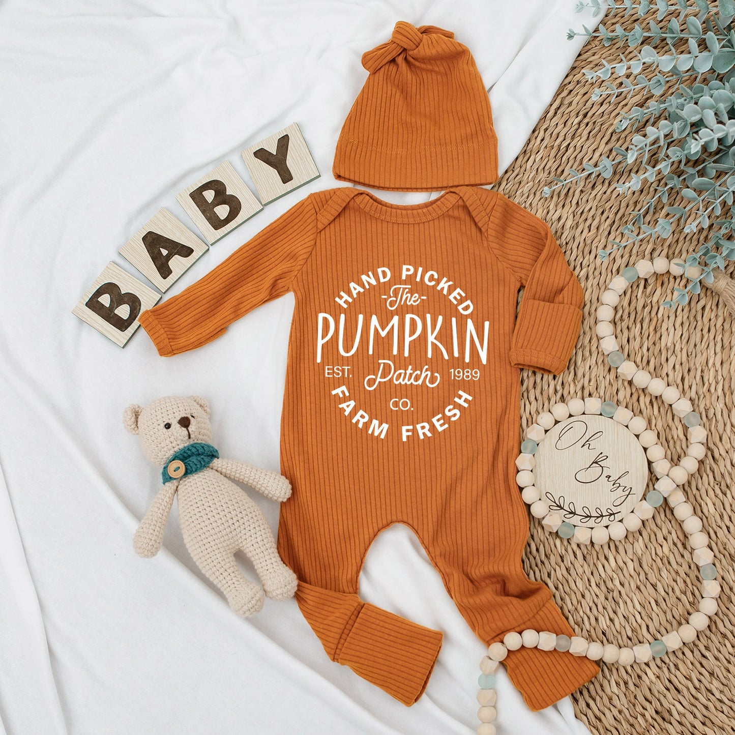 Farm Fresh Pumpkins Baby Bodysuit and Hat Set Adorable Fall Newborn Gift for Baby Shower Pregnancy Announcement and Coming Home Outfits