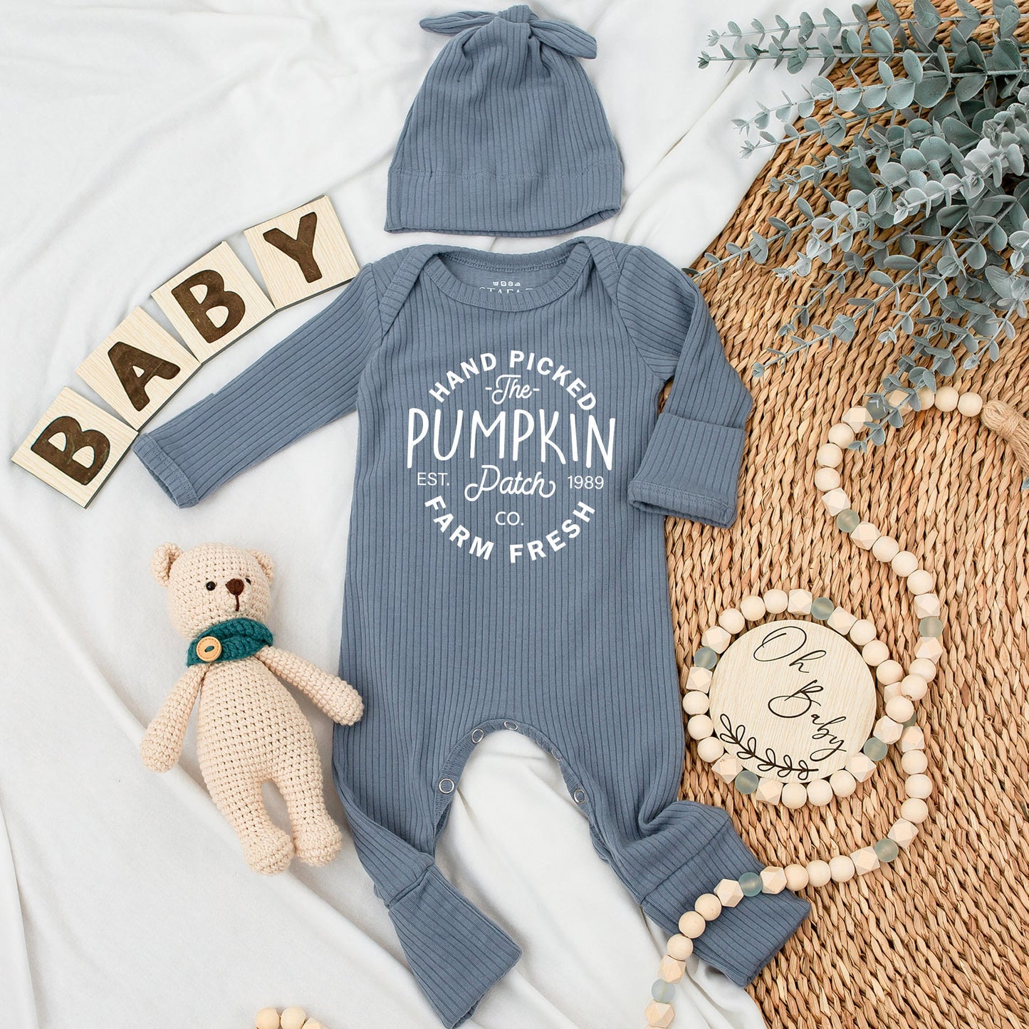 Farm Fresh Pumpkins Baby Bodysuit and Hat Set Adorable Fall Newborn Gift for Baby Shower Pregnancy Announcement and Coming Home Outfits