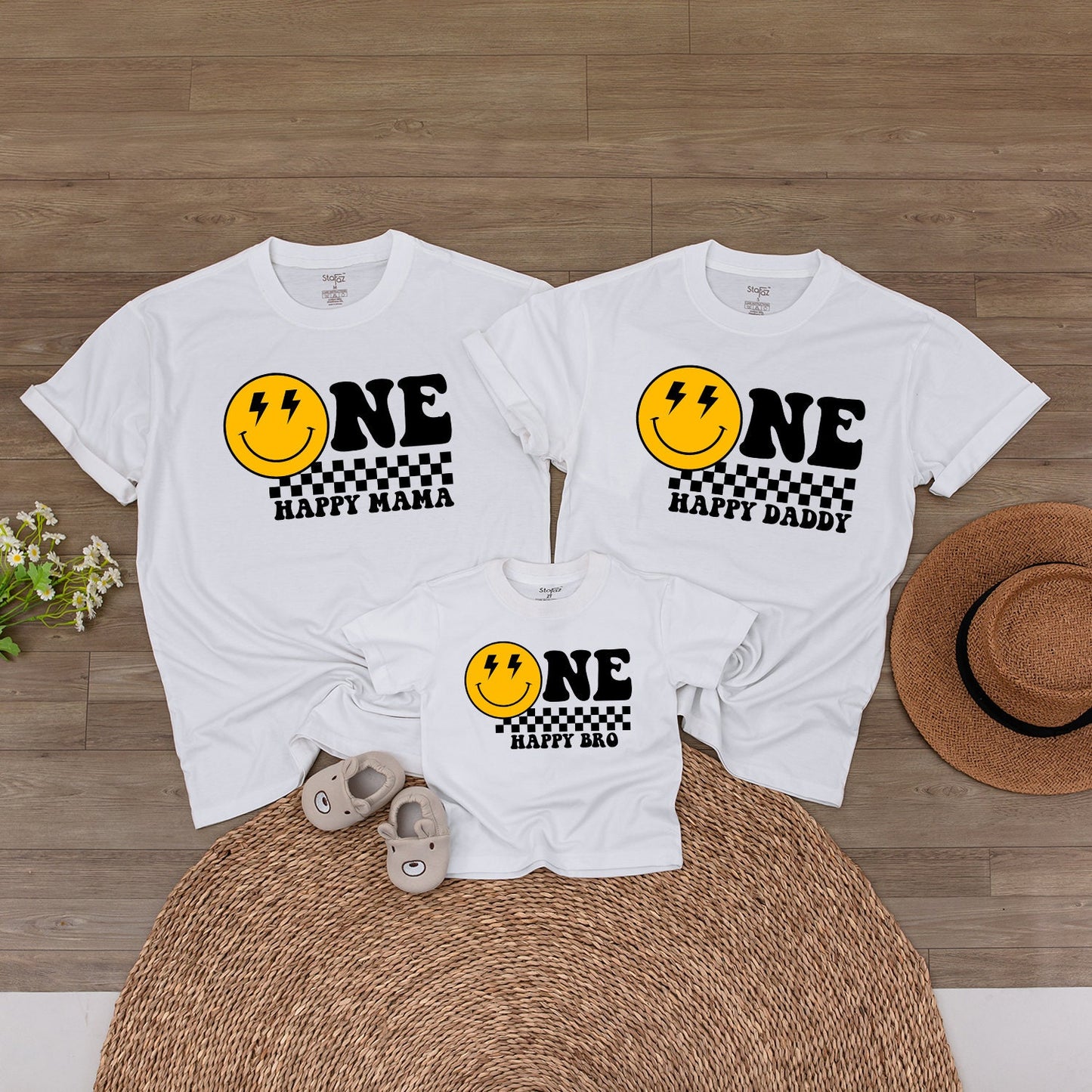 James/Lyla is ONE Happy Dude Birthday Bodysuit Yellow Smiley Face Lightning Eyes Checkerboard Retro Vintage Baby Clothes First Birthday Gift