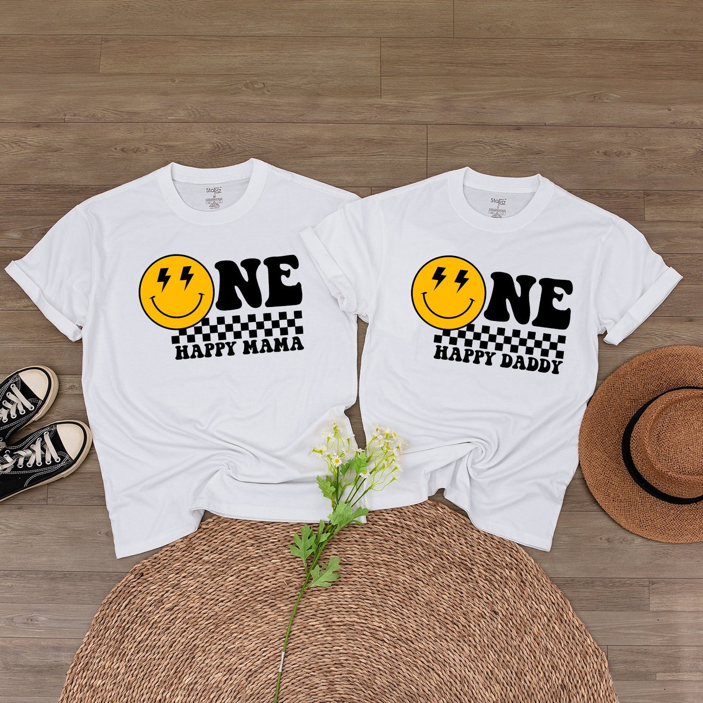 James/Lyla is ONE Happy Dude Birthday Bodysuit Yellow Smiley Face Lightning Eyes Checkerboard Retro Vintage Baby Clothes First Birthday Gift