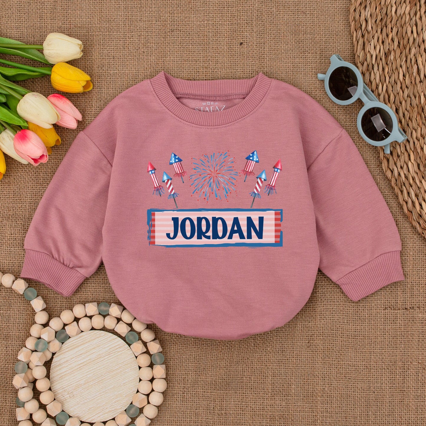 Custom American Firework Romper Personalized Name Patriotic Fourth of July Bodysuit Newborn Bubble Outfit