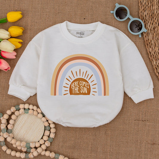 Baby Rainbow Sun Romper "Here Comes The Sun" Bubble Romper Minimalist Boho Summer Baby Clothes Gender Neutral Newborn Gift