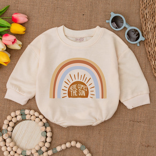 Baby Rainbow Sun Romper "Here Comes The Sun" Bubble Romper Minimalist Boho Summer Baby Clothes Gender Neutral Newborn Gift