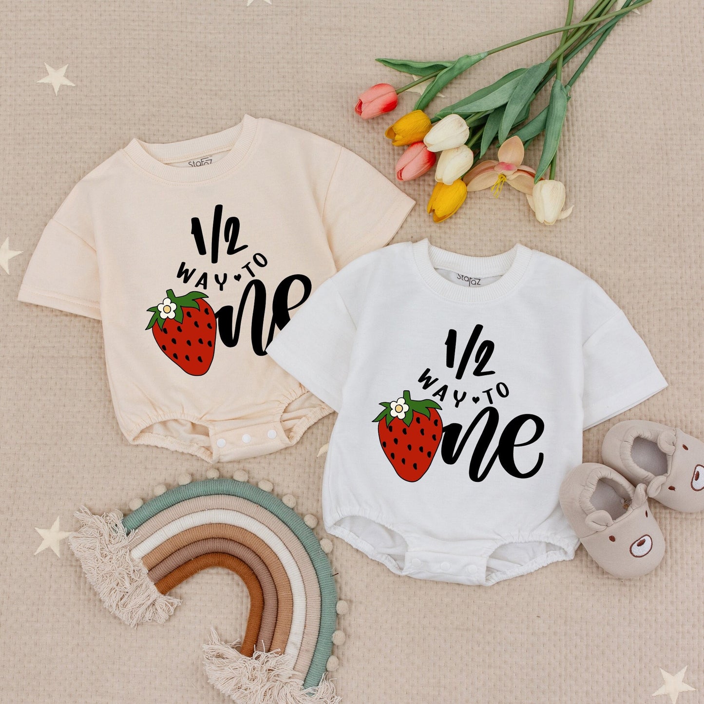 Strawberry Half Birthday Romper Baby Girl, 1/2 Way to One Outfit, Berry Sweet First Birthday Bodysuit, Cute Summer Celebration Clothing 12M
