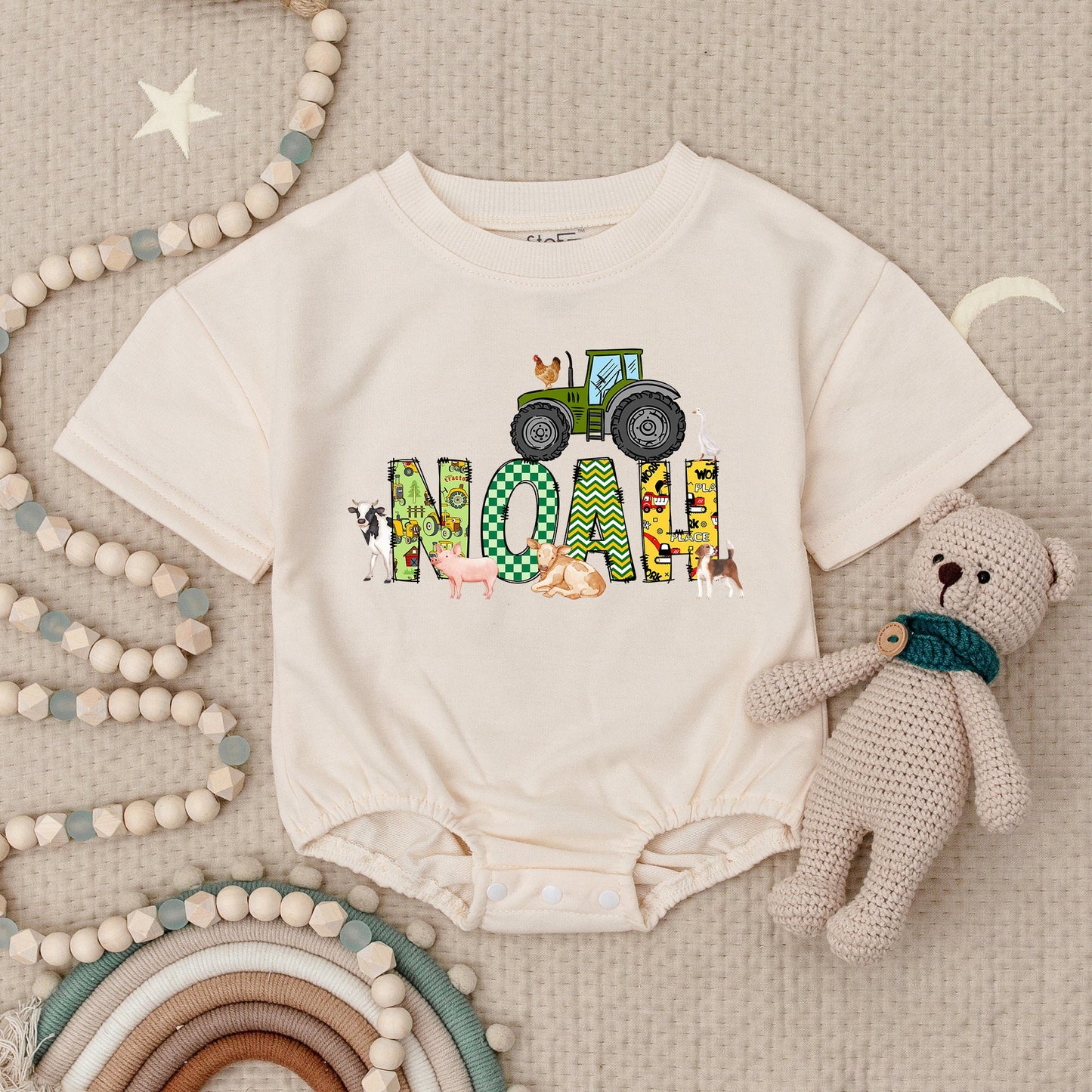 Personalized Tractor Name Baby Boy Birthday Bubble Romper Bodysuit