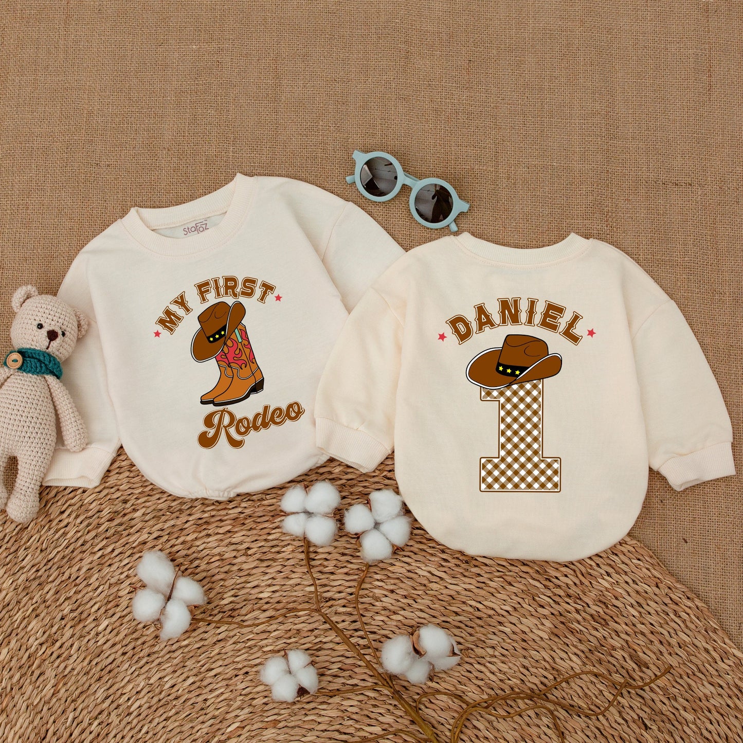 Personalized My First Rodeo Birthday Romper Western Baby Boy Bodysuit First 1st Year Cowboy Hat Plaid Sweatshirt Bubble Gift