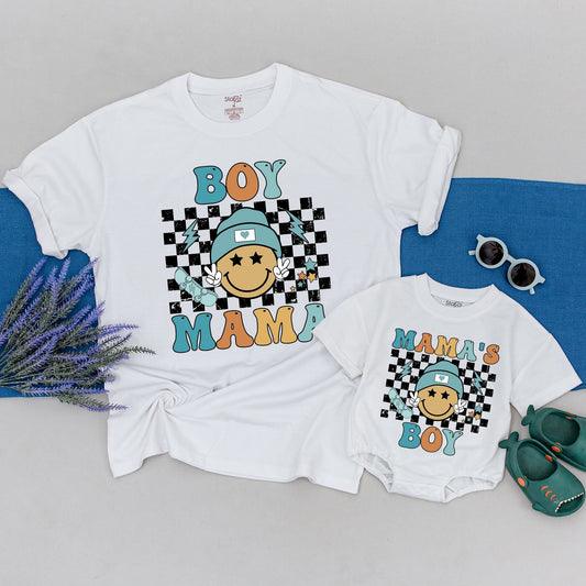 Retro Boy Mama and Son Matching Shirts with Groovy Smiley Face Teal Beanie Design, Perfect Mommy and Me Outfits for Mom of Boys, Fun Baby Shower Gift