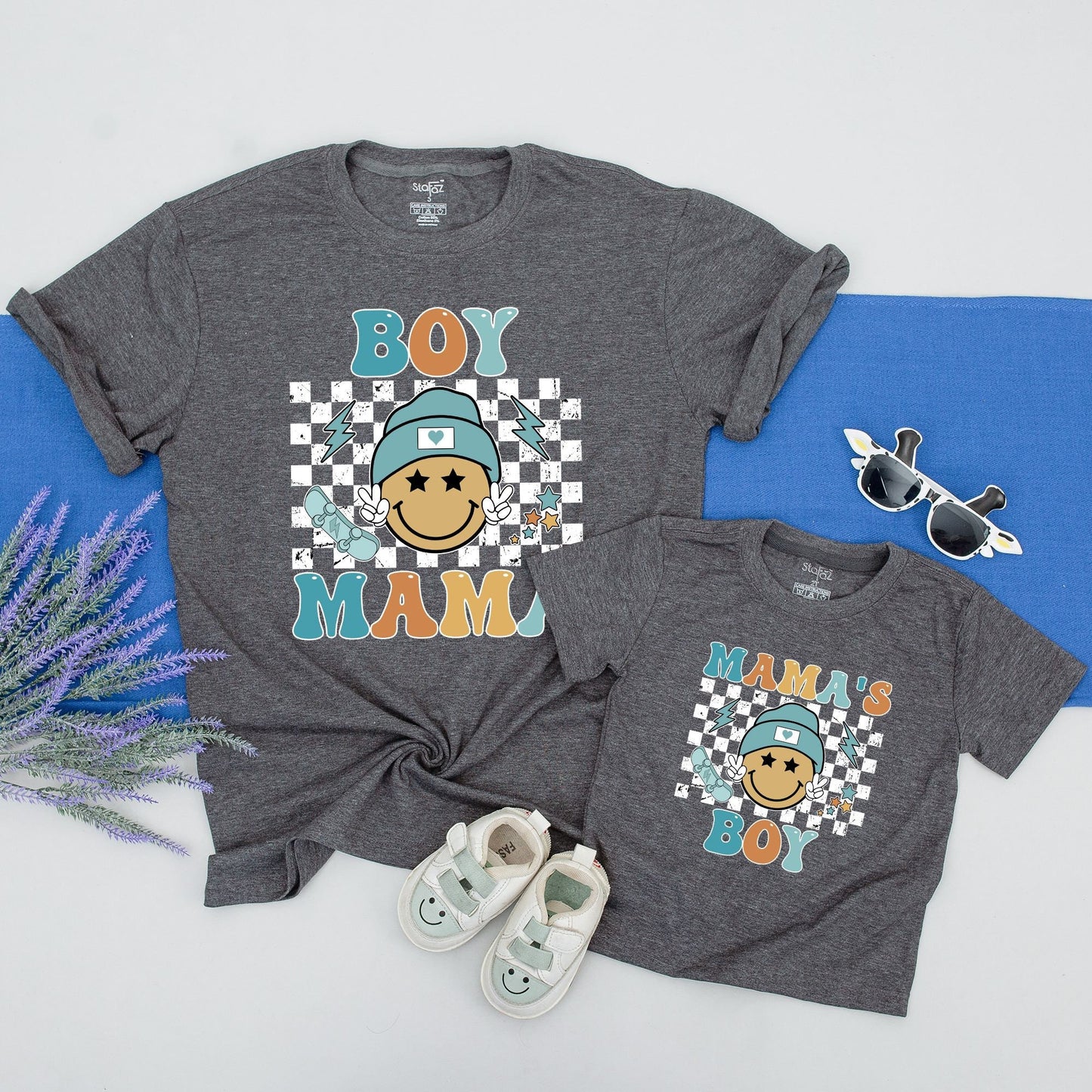 Retro Boy Mama and Son Matching Shirts with Groovy Smiley Face Teal Beanie Design, Perfect Mommy and Me Outfits for Mom of Boys, Fun Baby Shower Gift
