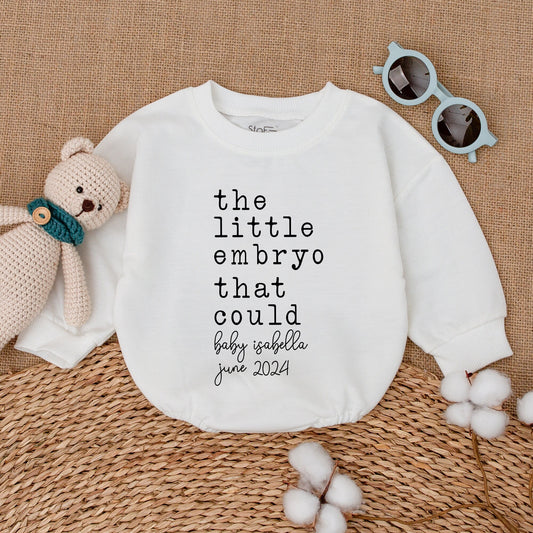 Personalized The Little Embryo That Could Romper a Modern IVF Baby Bodysuit with Your Baby's Name and Date Black Typography Newborn Gift Coming Home Outfit
