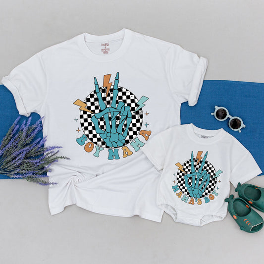 Mommy and Me Matching Boy Mama Mama's Boy Shirts Skeletal Hand Peace Sign Retro Style Mom Son Outfit Mother's Day Gift Teal Orange Checkered Design