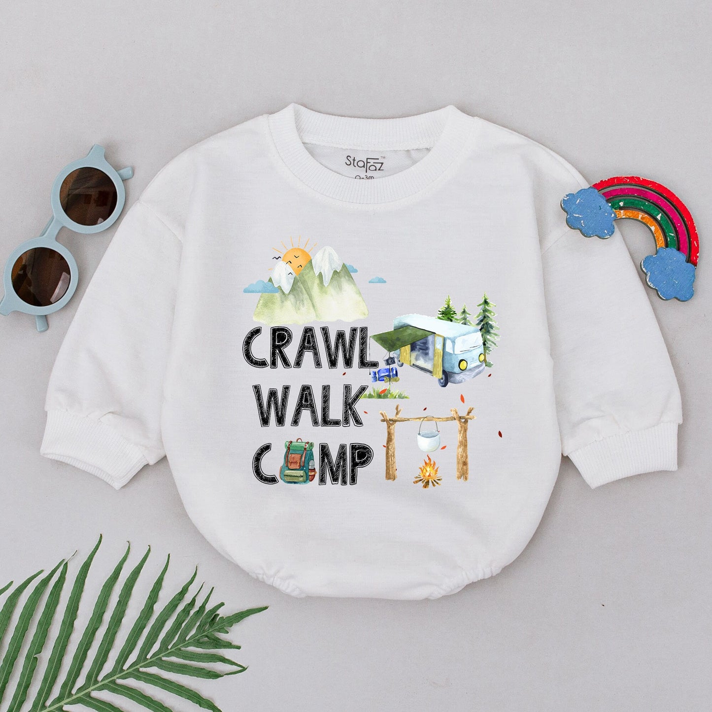 Crawl Walk Camp Romper Baby Bodysuit Watercolor Mountain Adventure Outfit Natural Baby Shower Gift Tiny Adventurer
