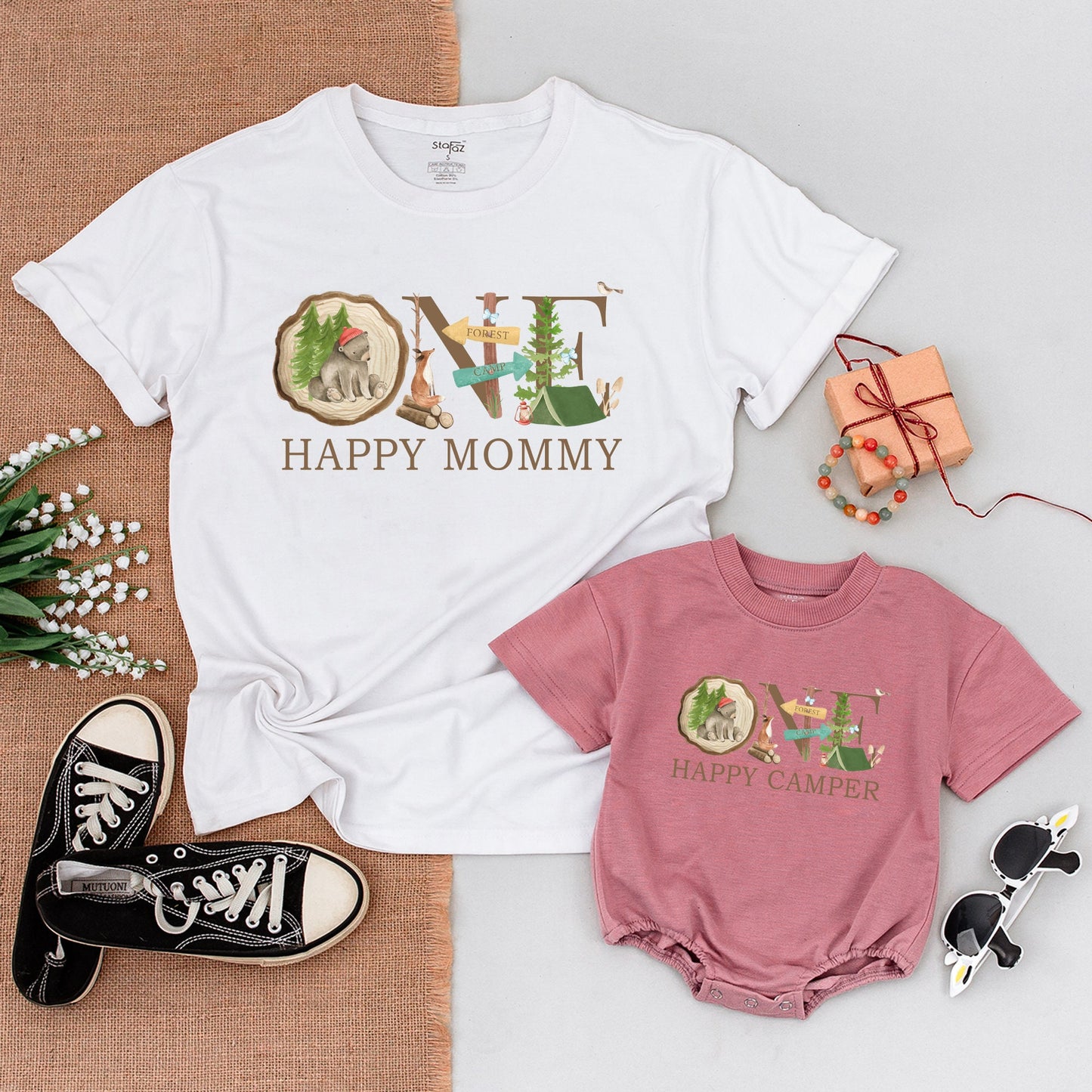 One Happy Camper First Birthday Shirt Outfit Baby Romper Matching Family Camping Adventure Tee Woodland Bear Tent Natural Design Comfortable Cotton