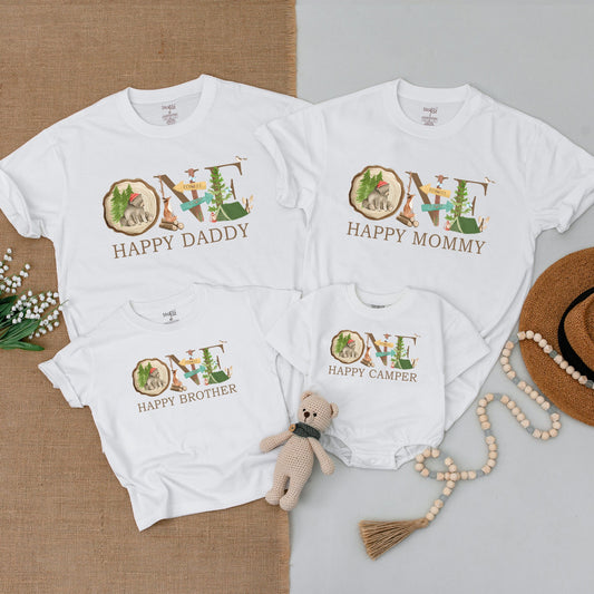 One Happy Camper First Birthday Shirt Outfit Baby Romper Matching Family Camping Adventure Tee Woodland Bear Tent Natural Design Comfortable Cotton