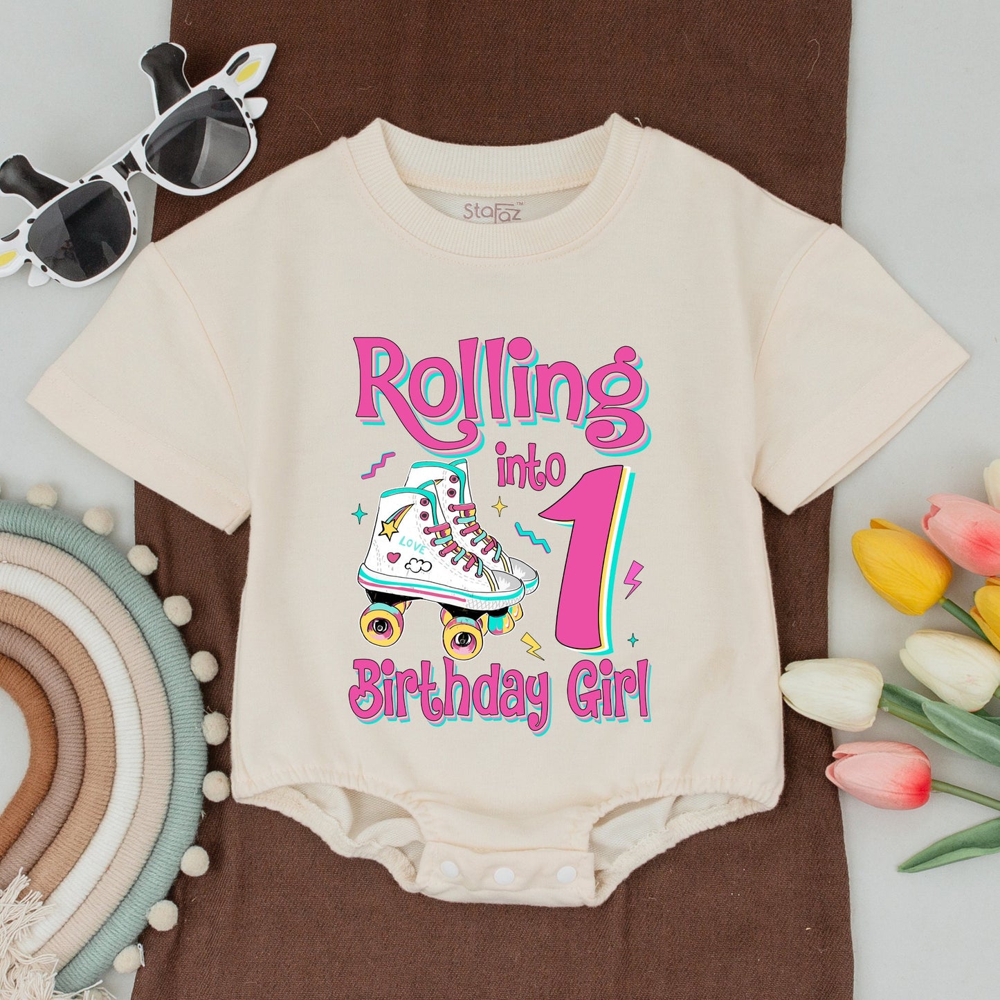 Personalized Rolling Into Birthday Girl Retro Roller Skate Family Matching Shirts Vibrant Pink Stars Hearts Baby Toddler Outfit