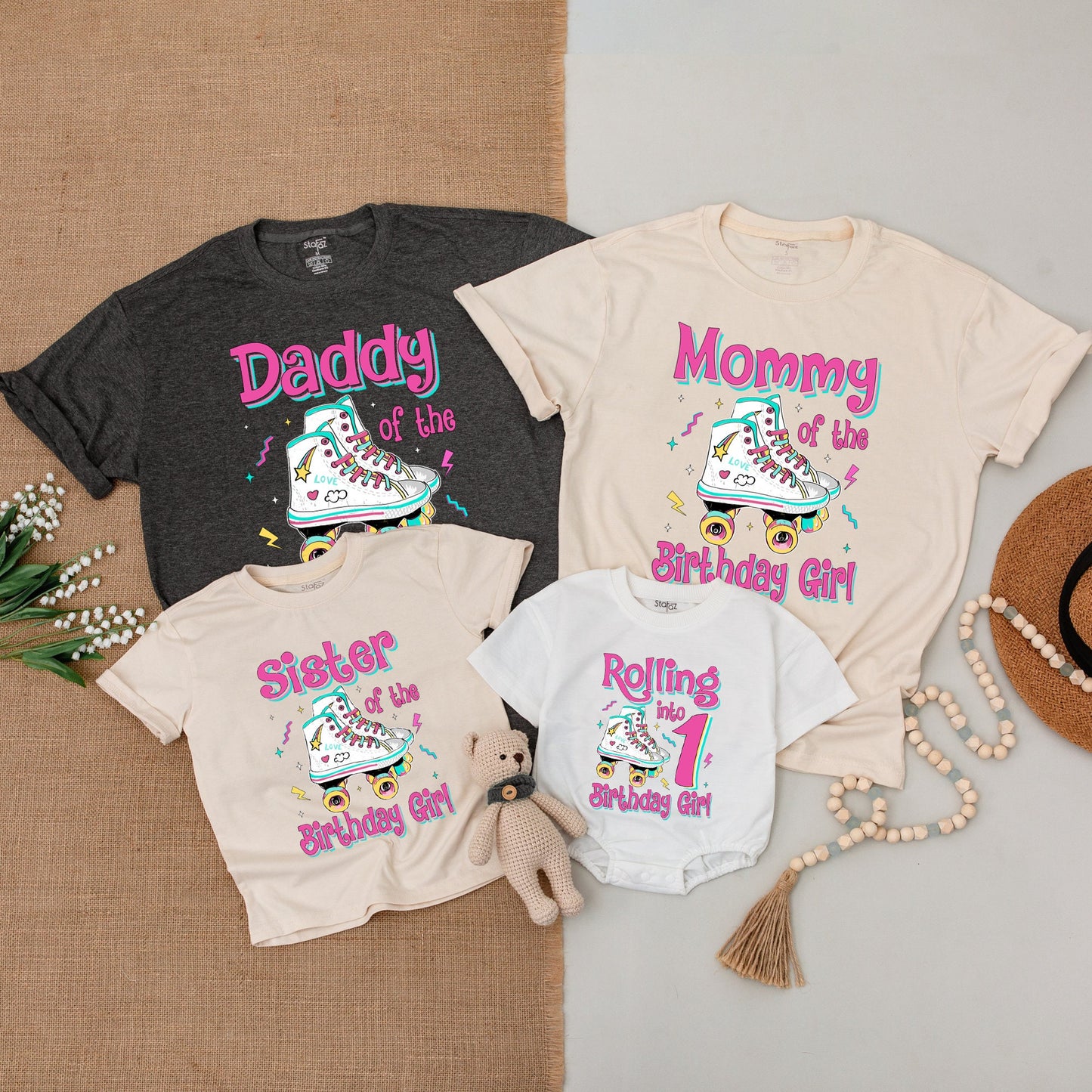 Personalized Rolling Into Birthday Girl Retro Roller Skate Family Matching Shirts Vibrant Pink Stars Hearts Baby Toddler Outfit