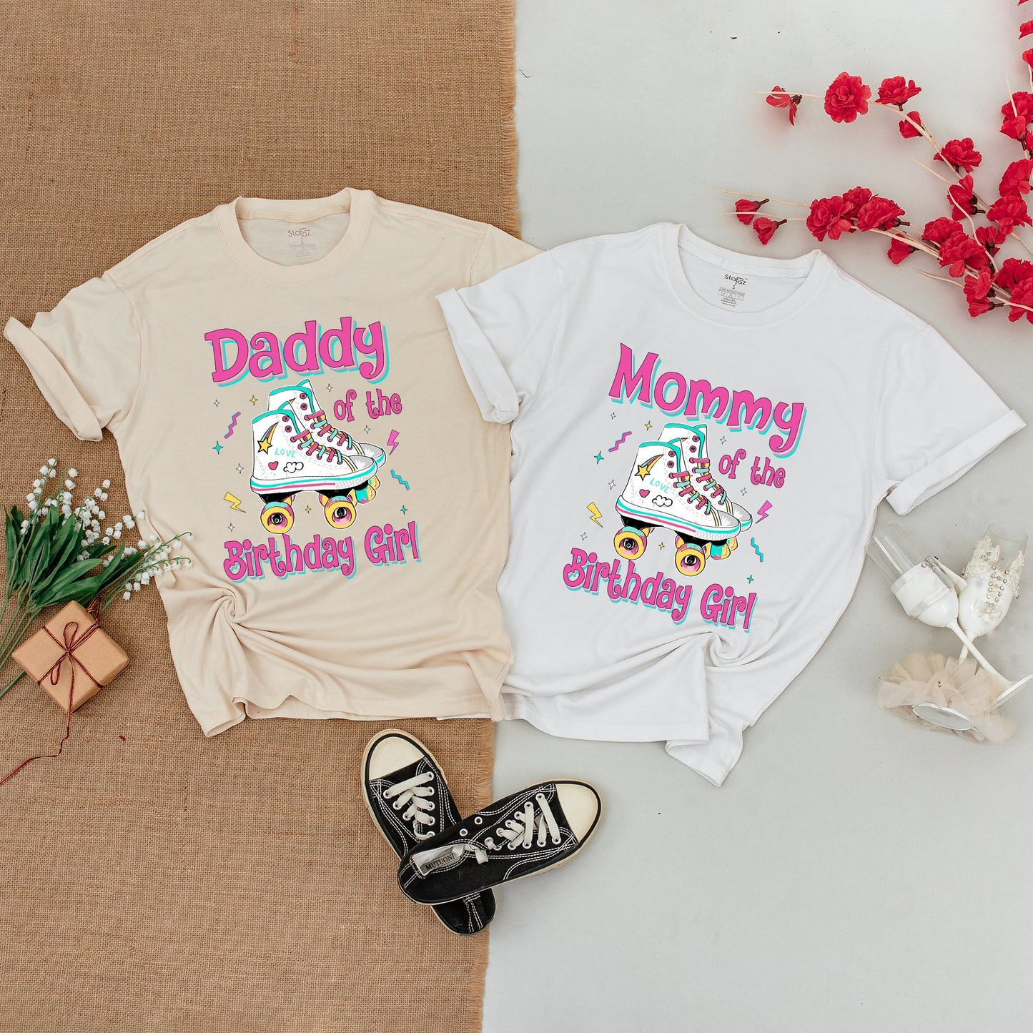 Personalized Rolling Into Birthday Girl Retro Roller Skate Family Matching Shirts Vibrant Pink Stars Hearts Baby Toddler Outfit
