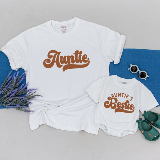 Personalized Auntie and Auntie's Bestie Matching Retro Bubbly Brown Vintage Shirt Onesie Set New Aunt Baby Nephew Niece T-Shirt Gift