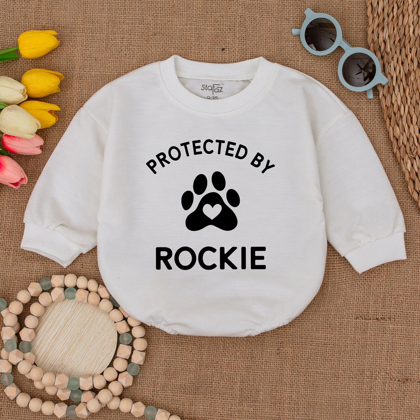 Custom Protected By Rockie Baby Bodysuit, Paw Print Heart Design, Personalized Dog Name Romper, New Baby Gift, Baby Shower