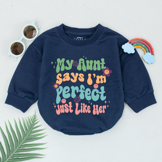 Retro My Aunt Says I'm Perfect Baby Romper Auntie's Bestie Outfit Newborn Girl Boy Gift New Auntie Mother's Day Coming Home