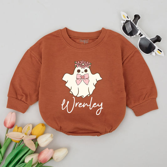 Personalized Ghost Baby Romper with Floral Crown and Pink Bow, Custom Name Wrenley Cute Halloween Infant Bubble Bodysuit Fall Baby Shower Gift Comfortable