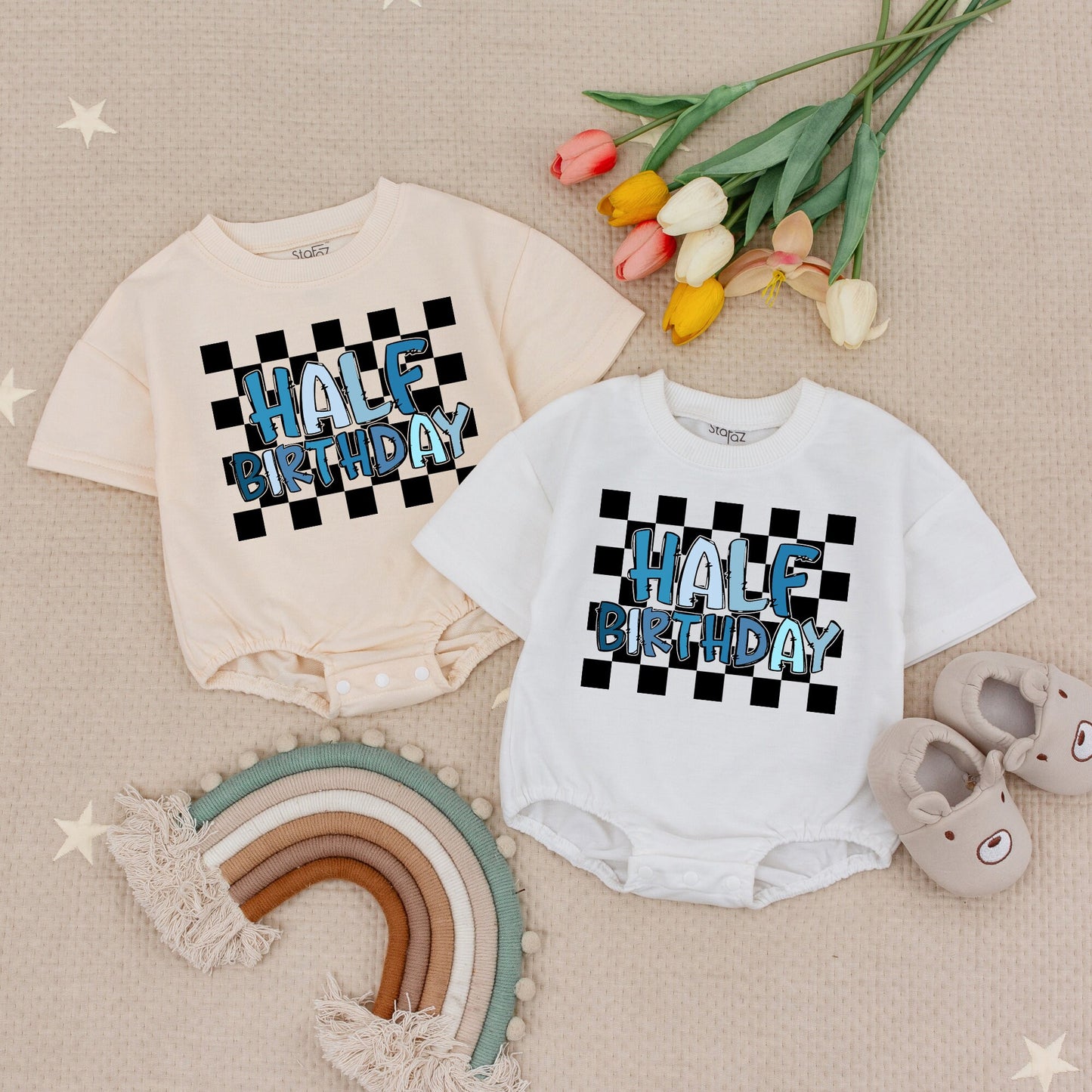 Adorable Half Way To One Boy Baby Romper Outfit First Half Birthday Milestone Gift Comfortable Soft Cotton Bubble Romper