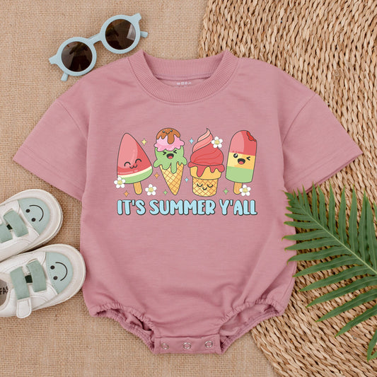 It's Summer Y'all Baby Girl Bubble Romper with Cute Ice Cream & Popsicle Design Infant Gift for Baby Girl Summer Outfit