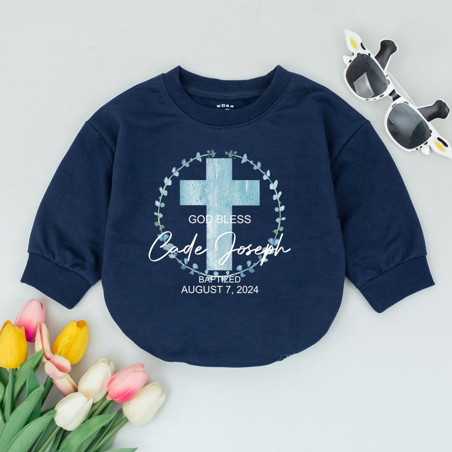 Personalized Baby Baptism Outfit God Bless Cade Joseph August 7 2024 Light Blue Watercolor Cross Floral Christening Baby Romper Faith Keepsake