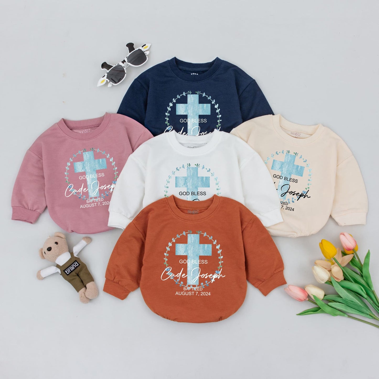 Personalized Baby Baptism Outfit God Bless Cade Joseph August 7 2024 Light Blue Watercolor Cross Floral Christening Baby Romper Faith Keepsake