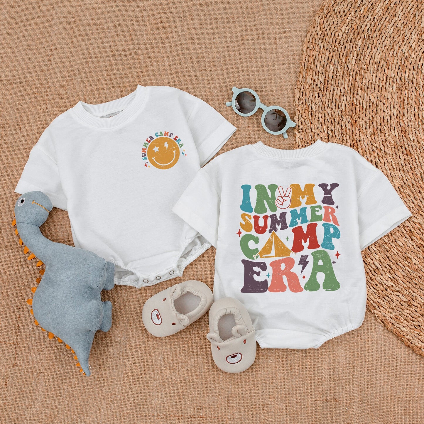 In My Summer Camp Era Newborn Romper Outfit Retro Smiley Face Baby Clothes Tent Peace Sign Design Yellow Multicolored Comfortable Summer Gift