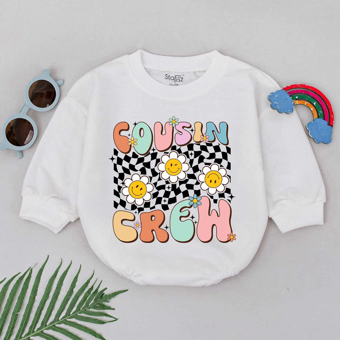 Retro Cousin Crew Romper Playful Pastel Bubble Letters Black Checkerboard with Flowers and Stars Family Matching Outfit for Babies and Toddlers
