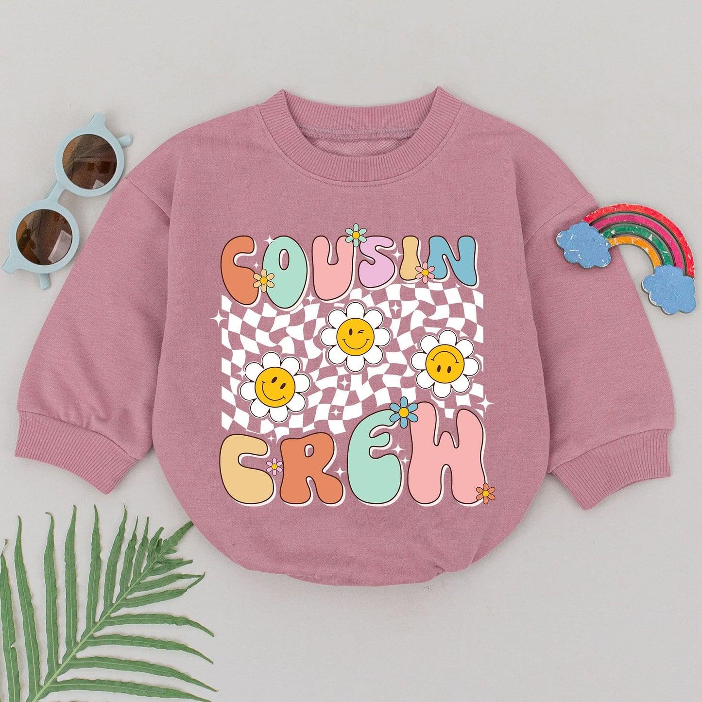 Retro Cousin Crew Romper Playful Pastel Bubble Letters Black Checkerboard with Flowers and Stars Family Matching Outfit for Babies and Toddlers