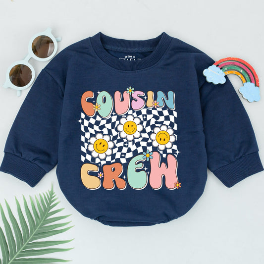 Retro Cousin Crew Romper Playful Pastel Bubble Letters Black Checkerboard with Flowers and Stars Family Matching Outfit for Babies and Toddlers