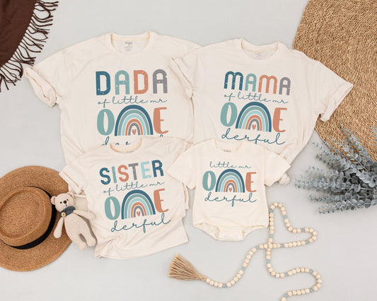 Mr. ONEderful Birthday Matching Family Shirts, Little Mr. Outfit Rainbow First Birthday, Cute Boy Party Clothes, Dada/Mama Style, Soft Cotton 139 chars