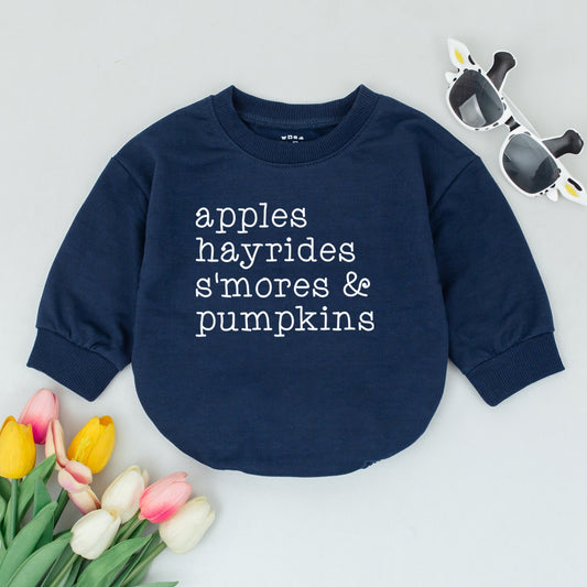 Retro Apples Hayrides S'mores Pumpkins Baby Romper Vintage Fall Bodysuit Autumn Kids Thanksgiving Shower Gift