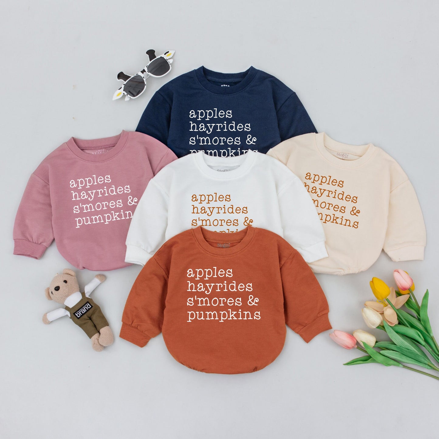 Retro Apples Hayrides S'mores Pumpkins Baby Romper Vintage Fall Bodysuit Autumn Kids Thanksgiving Shower Gift