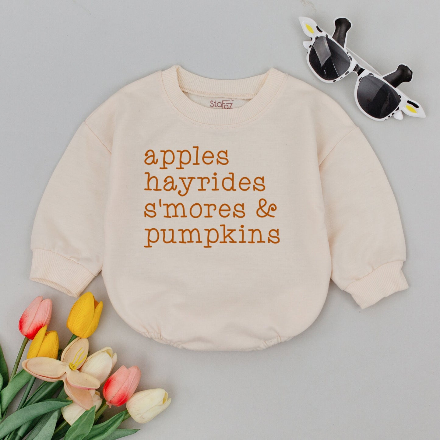 Retro Apples Hayrides S'mores Pumpkins Baby Romper Vintage Fall Bodysuit Autumn Kids Thanksgiving Shower Gift
