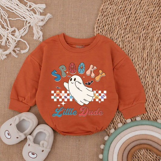 Spooky Little Dude Ghost Baby Bodysuit for Boys My First Halloween Outfit Colorful Retro Donut Letters Checkered Pumpkin Skull Design