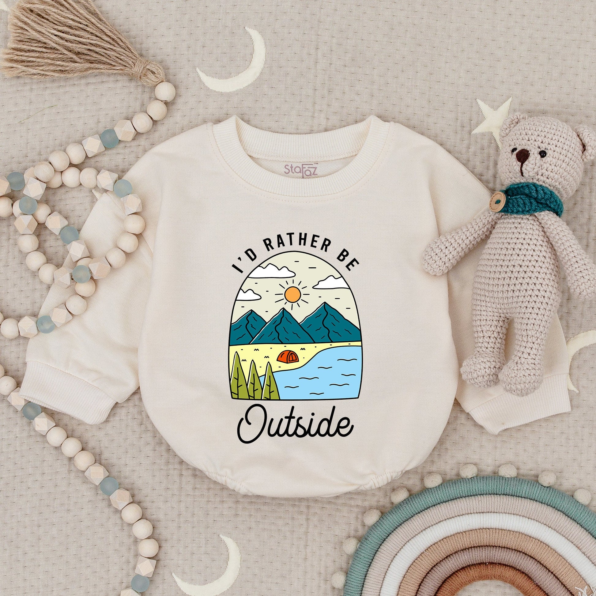 Cute Outdoor Adventure Baby Romper Nature Scene Teal Orange Mountains Trees Tent Water Sun Clouds Whimsical Outfits Baby Shower Gift Boy