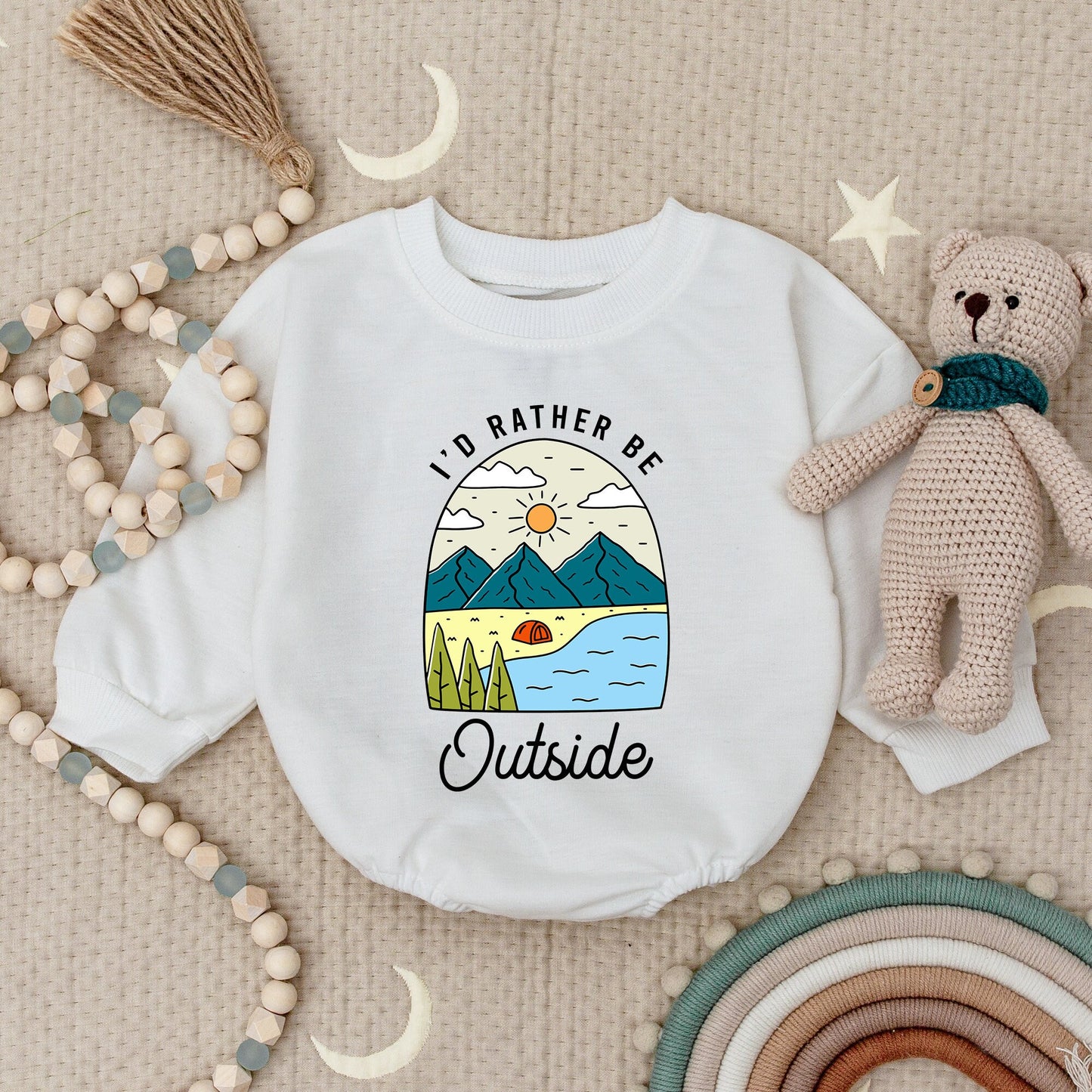 Cute Outdoor Adventure Baby Romper Nature Scene Teal Orange Mountains Trees Tent Water Sun Clouds Whimsical Outfits Baby Shower Gift Boy