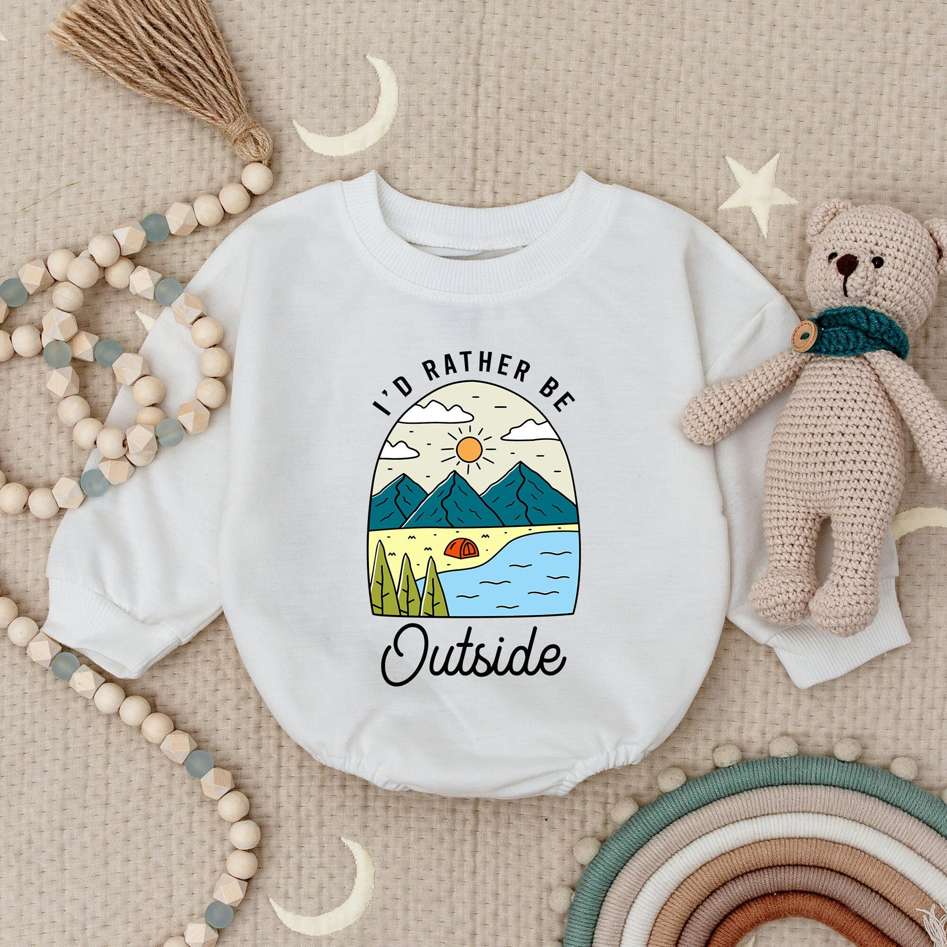 Cute Outdoor Adventure Baby Romper Nature Scene Teal Orange Mountains Trees Tent Water Sun Clouds Whimsical Outfits Baby Shower Gift Boy