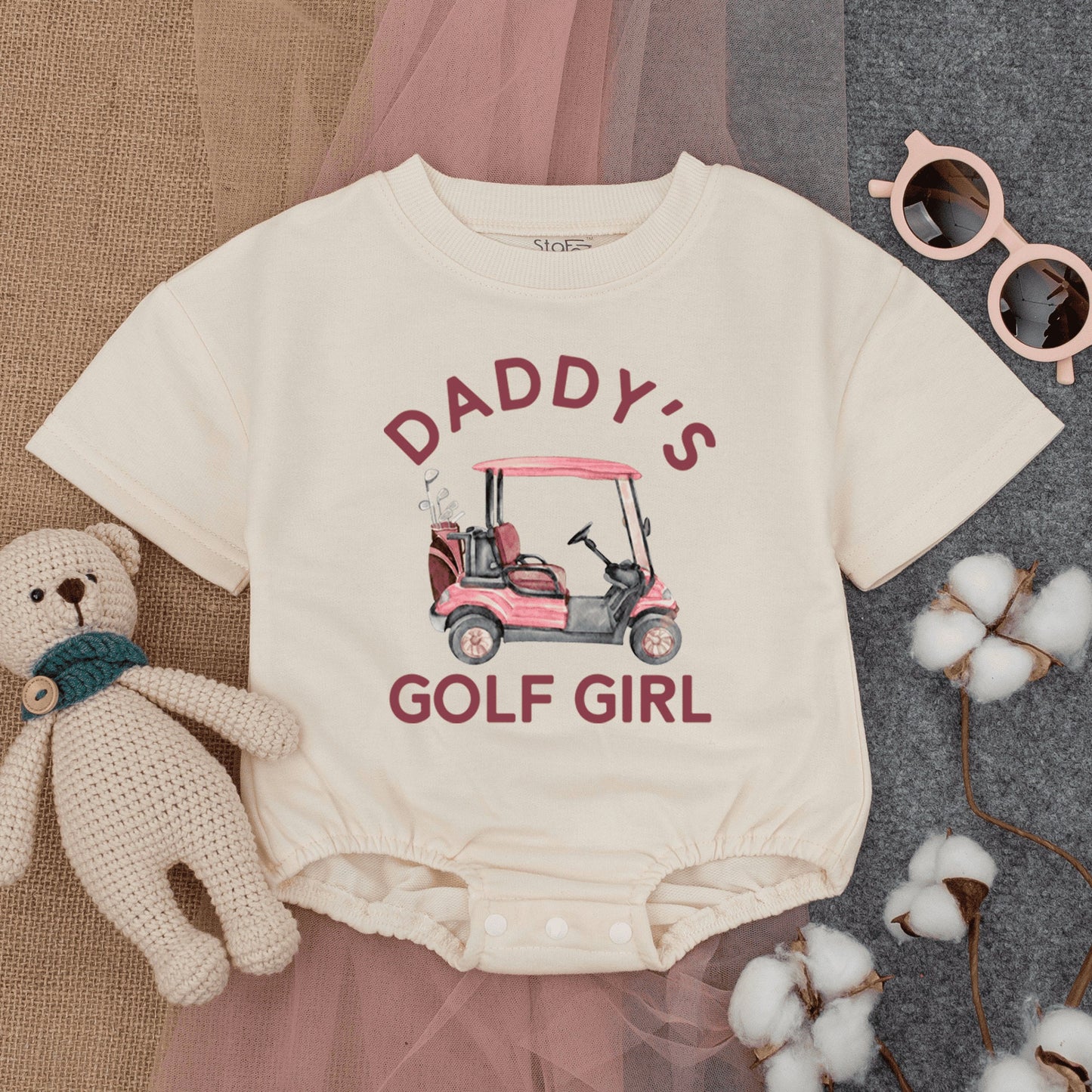 Daddy's Golf Girl Bubble Romper Cute Pink Golf Cart Daddy Daughter Short Sleeve Baby Girl Outfit Fathers Day Gift