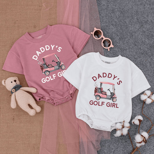 Daddy's Golf Girl Bubble Romper Cute Pink Golf Cart Daddy Daughter Short Sleeve Baby Girl Outfit Fathers Day Gift