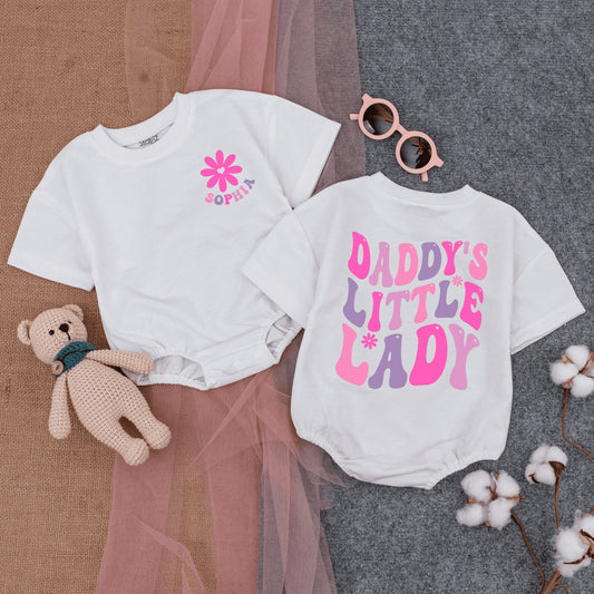 Custom Daddy's Little Lady Short Sleeve Romper Playful Retro Pink Purple Starburst Font Infant Father Daughter Fathers Day Outfit