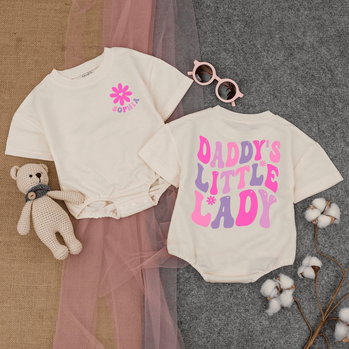 Custom Daddy's Little Lady Short Sleeve Romper Playful Retro Pink Purple Starburst Font Infant Father Daughter Fathers Day Outfit