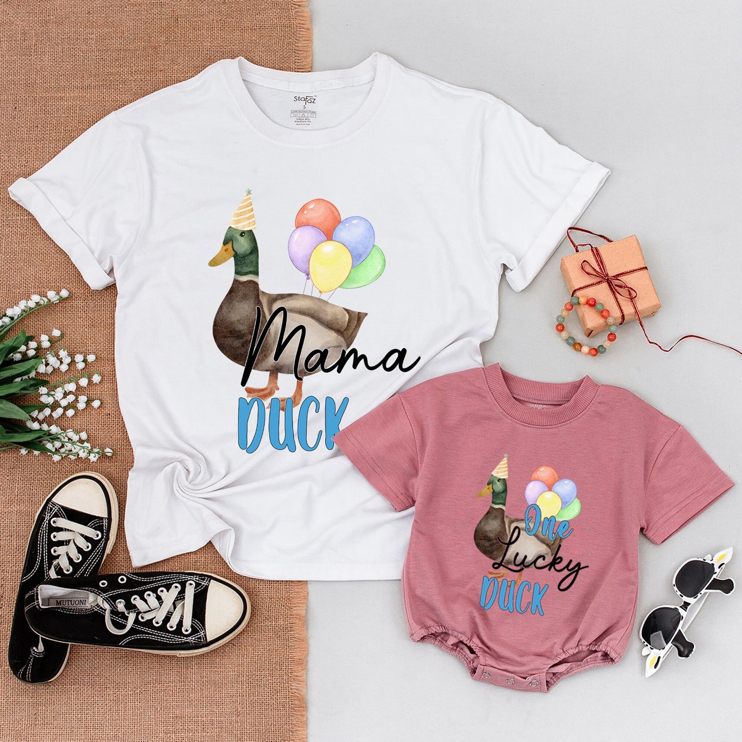 One Lucky Duck Birthday Matching Family Shirts, Cute Mallard Party Hat 1st Birthday Boy or Girl Outfit, Duck Lover Baby Bodysuit, Mommy and Me Clothes